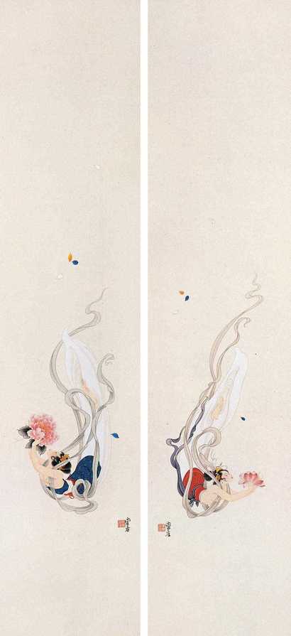 李唐 飞天（二幅） 镜心